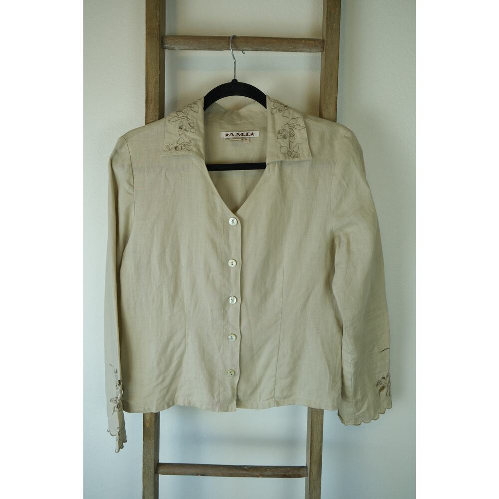 Vintage AMI 100% Linen Tan Embroidered Floral Button Up Long Sleeve Womens M